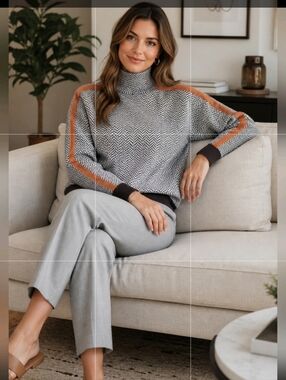 Women's Herringbone Knit Sweater with Orange Trim